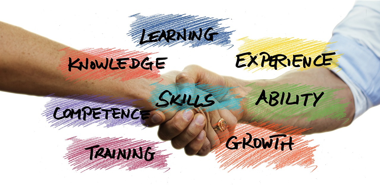 handshake surrounded by highlighted concept text (learning, knowledge, experience, skills, ability, competency, training, growth)