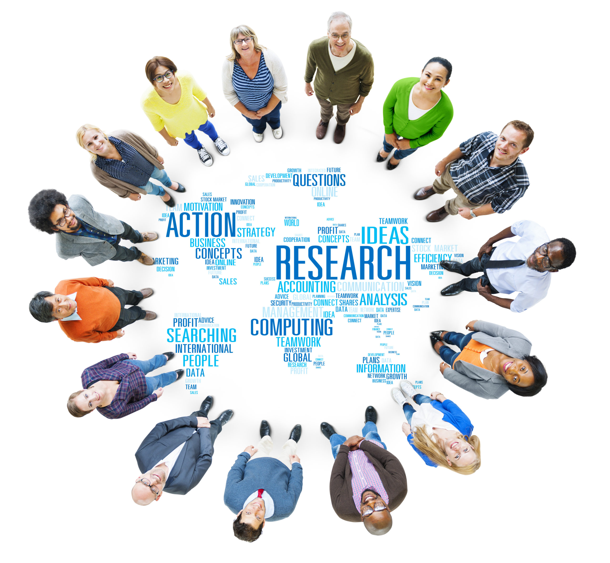 circle of teachers around world map created from research terms