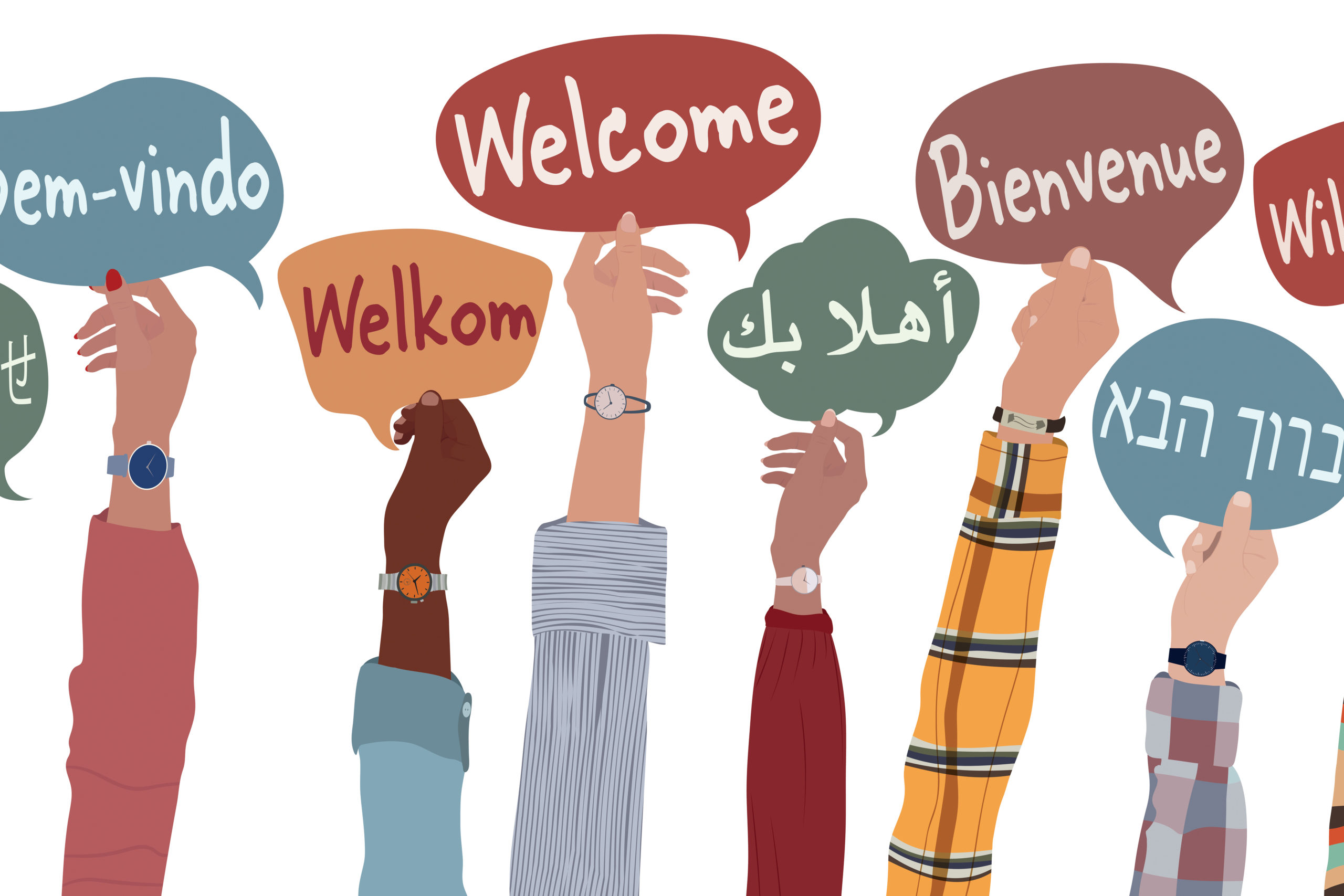 Hands holding up welcome signs in different languages